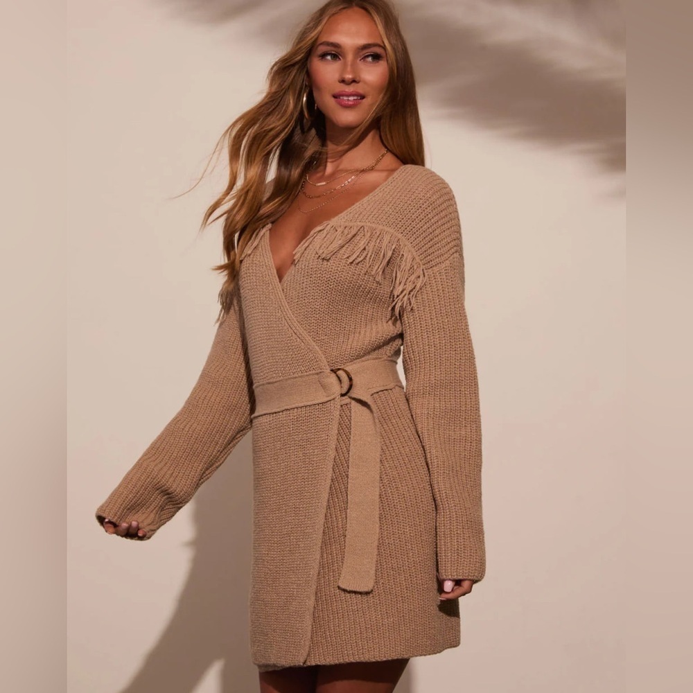 Vici Phebe Tan Wrap Mini Sweater Dress Fringe Long Sleeve Size M